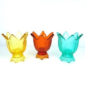 Vintage Fenton Amberina, turquoise & Yellow Tulip Two Way Votive Taper Candle